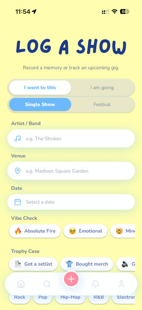 Log a Show - record a memory or track an upcoming gig